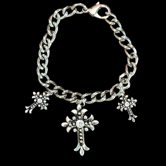 Jewelry - Chain Link Silver Charm Bracelet with 3 Crosses. Up to 9”